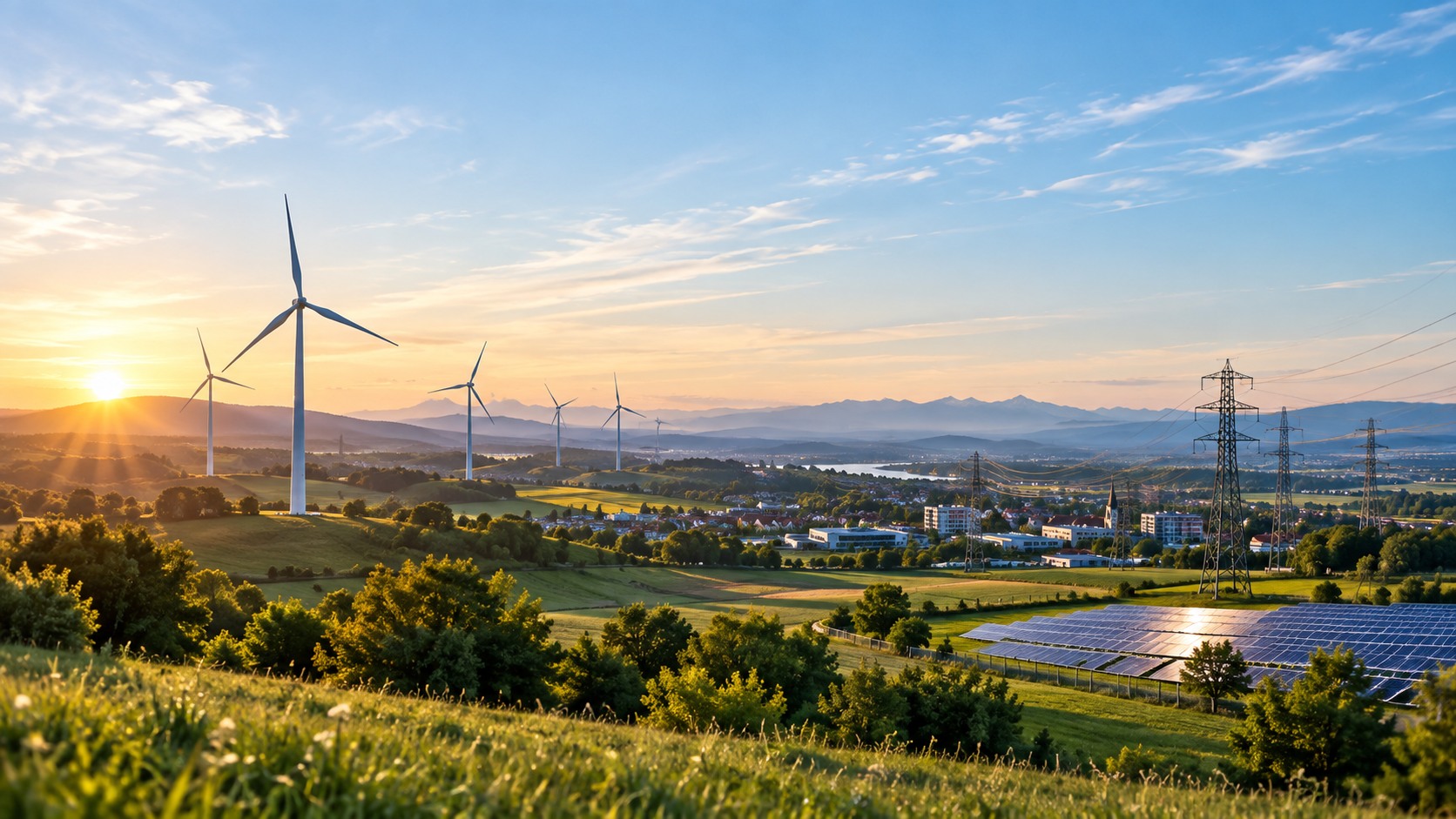Energielandschaft bei Sonnenaufgang